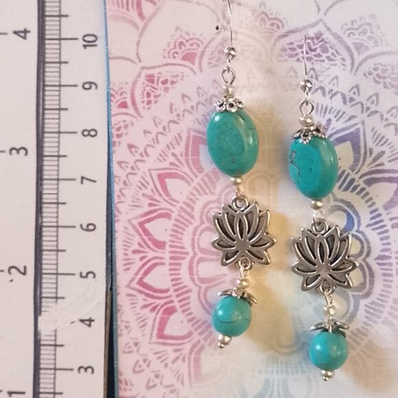 LOTUS MEDITATION EARRINGS, TURQUOISE MAGNESITE, SILVERY - Picture 7 of 7
